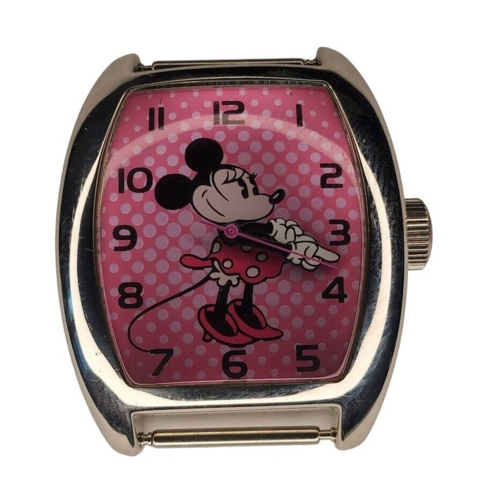 Disney Minnie Mouse Pink Lug Watch Rectangle Silver Case MC0369 Needs Band Runs!